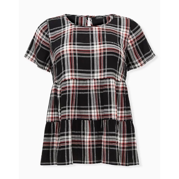 🆕 Black & Red Plaid Shirred Hem Top 0 L 12 NWT Torrid New! Blouse - Picture 4 of 6